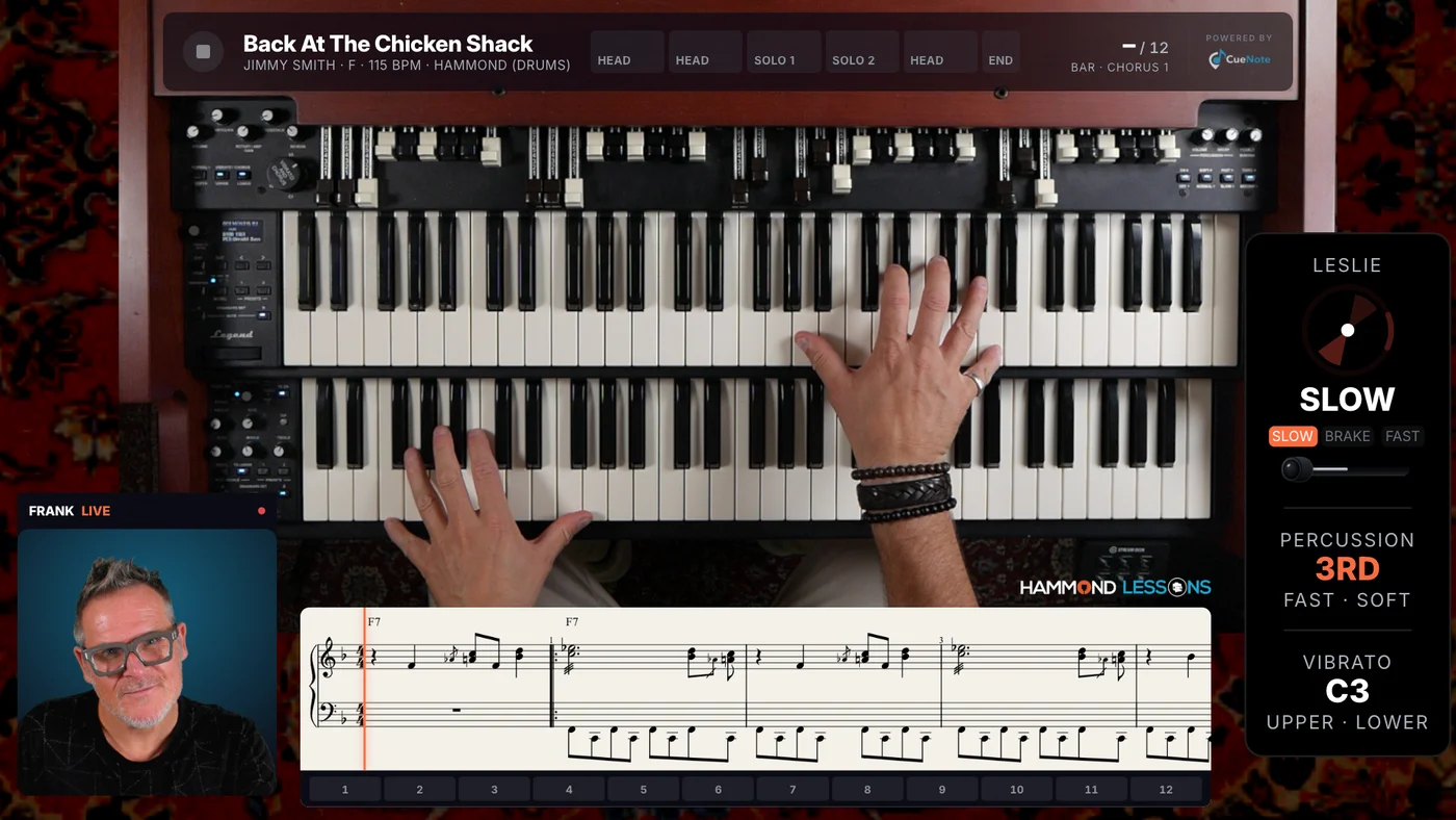 Frank Montis teaching a live Hammond organ lesson, with interactive sheet music and organ settings on screen