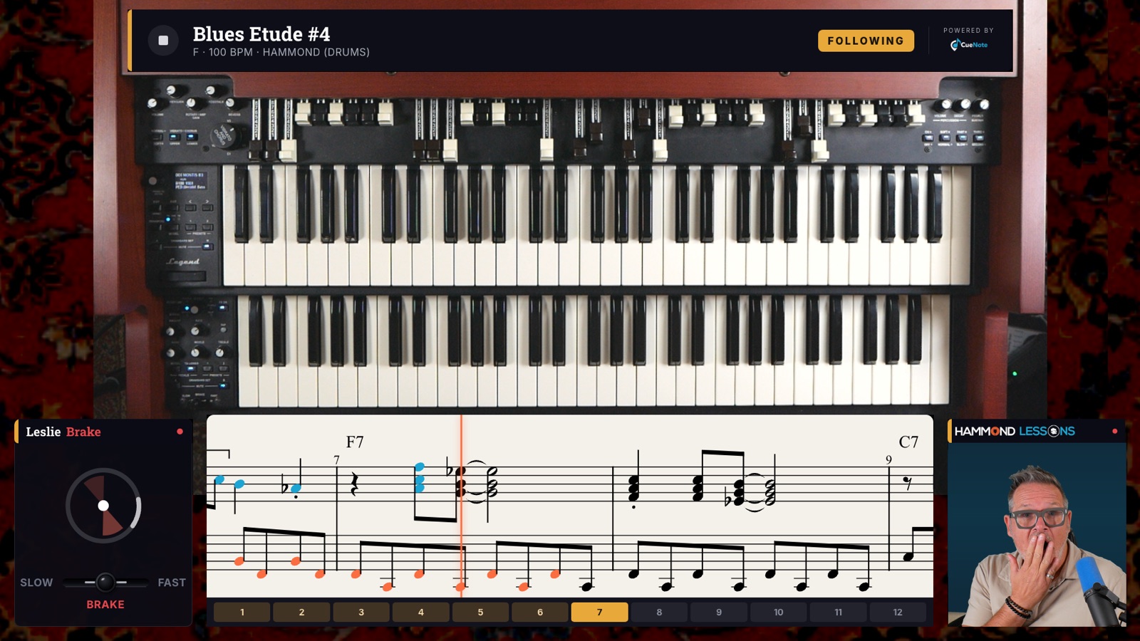 A live Zoom lesson on a laptop: the organ seen from above, the sheet music under the keys, the Leslie setting and Frank on camera
